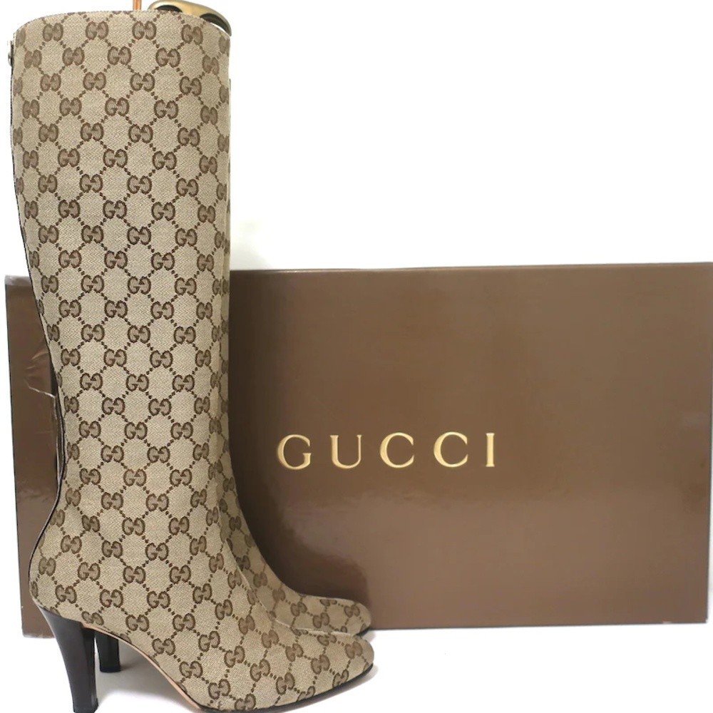 Gucci GG Monogram Canvas Knee High Boots Ebony Size 8 - Picture 1 of 12